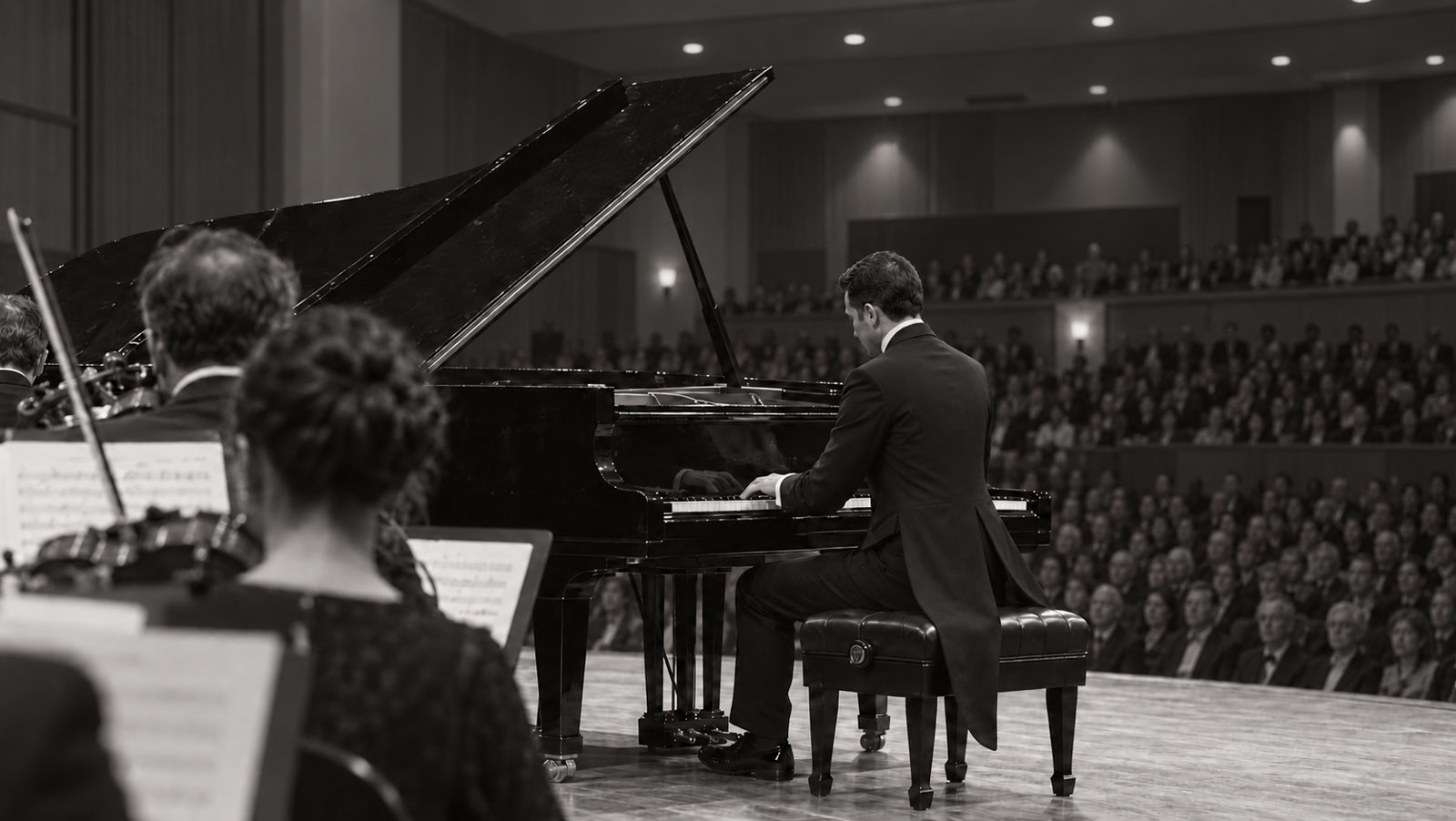 Simone Renzi performing at the piano with musicians and an audience in the hall