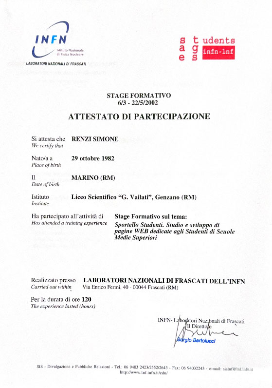 Attestato partecipazione stages formativi presso INFN