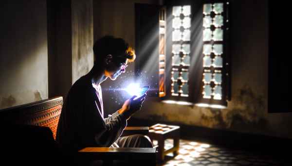 A realistic photo of a young person sitting alone in a dimly lit room, looking at a smartphone scree