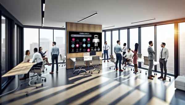A modern office environment with a diverse team of professionals interacting with a large touchscree