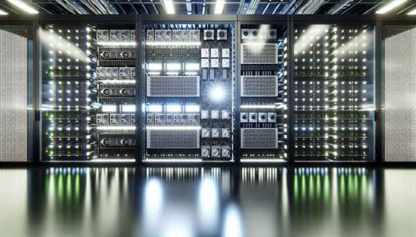A modern server room with high-performance AI hardware including CPUs, GPUs, and NPUs visible, brigh