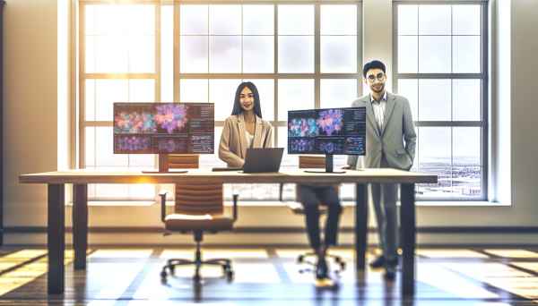 An office environment showing a compact Mini PC setup (BOSGAME M5) on a desk with multiple monitors 