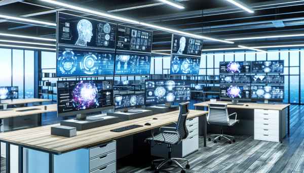 A high-tech workspace featuring a Mac Studio M3 Ultra setup with multiple screens, showcasing AI pro