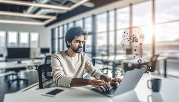 A modern office environment with a software developer working on a laptop, analyzing AI integration 