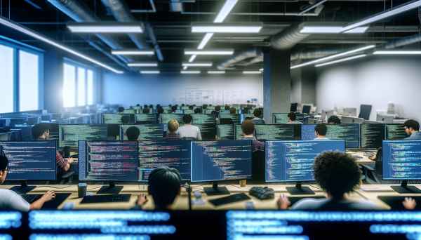 Photo of a busy software development office with multiple programmers working on complex code, showi