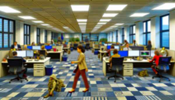 Image depicting a government office with stacks of documents and multiple software development proje