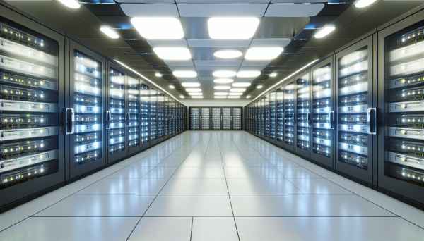 Modern data center interior with servers and glowing lights, representing a secure AI inference data