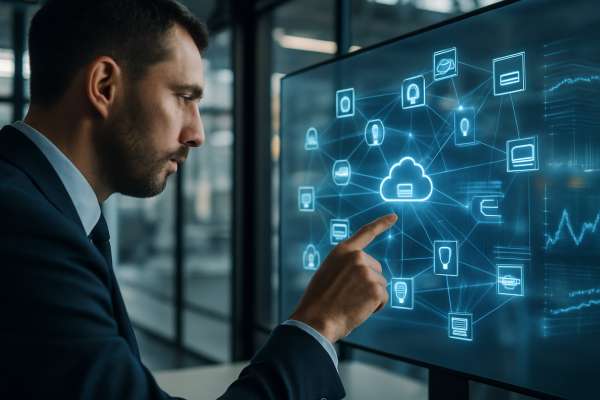Consulente che analizza dashboard IoT strategica