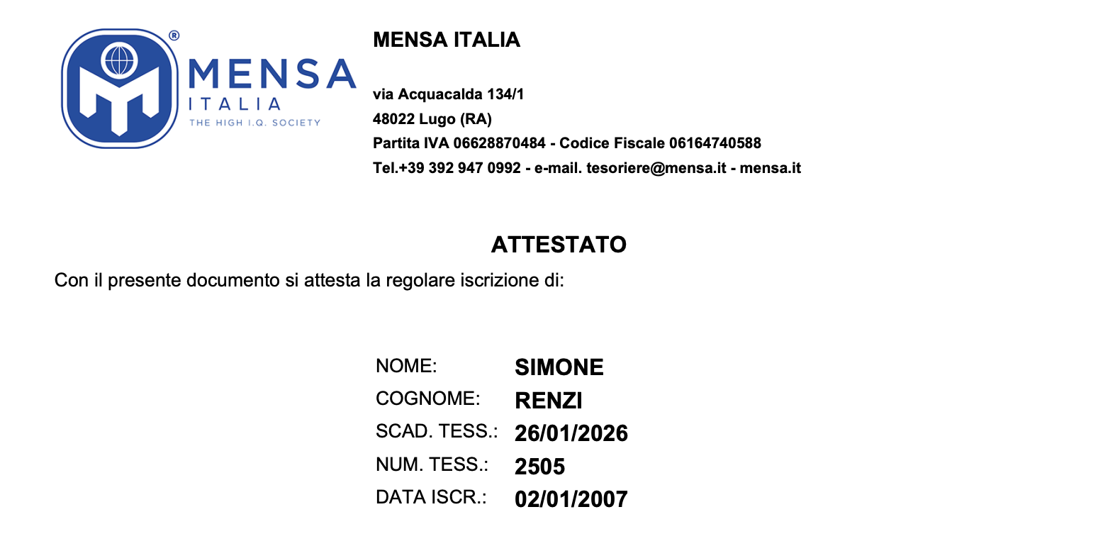 Attestato di iscrizione al Mensa Italia