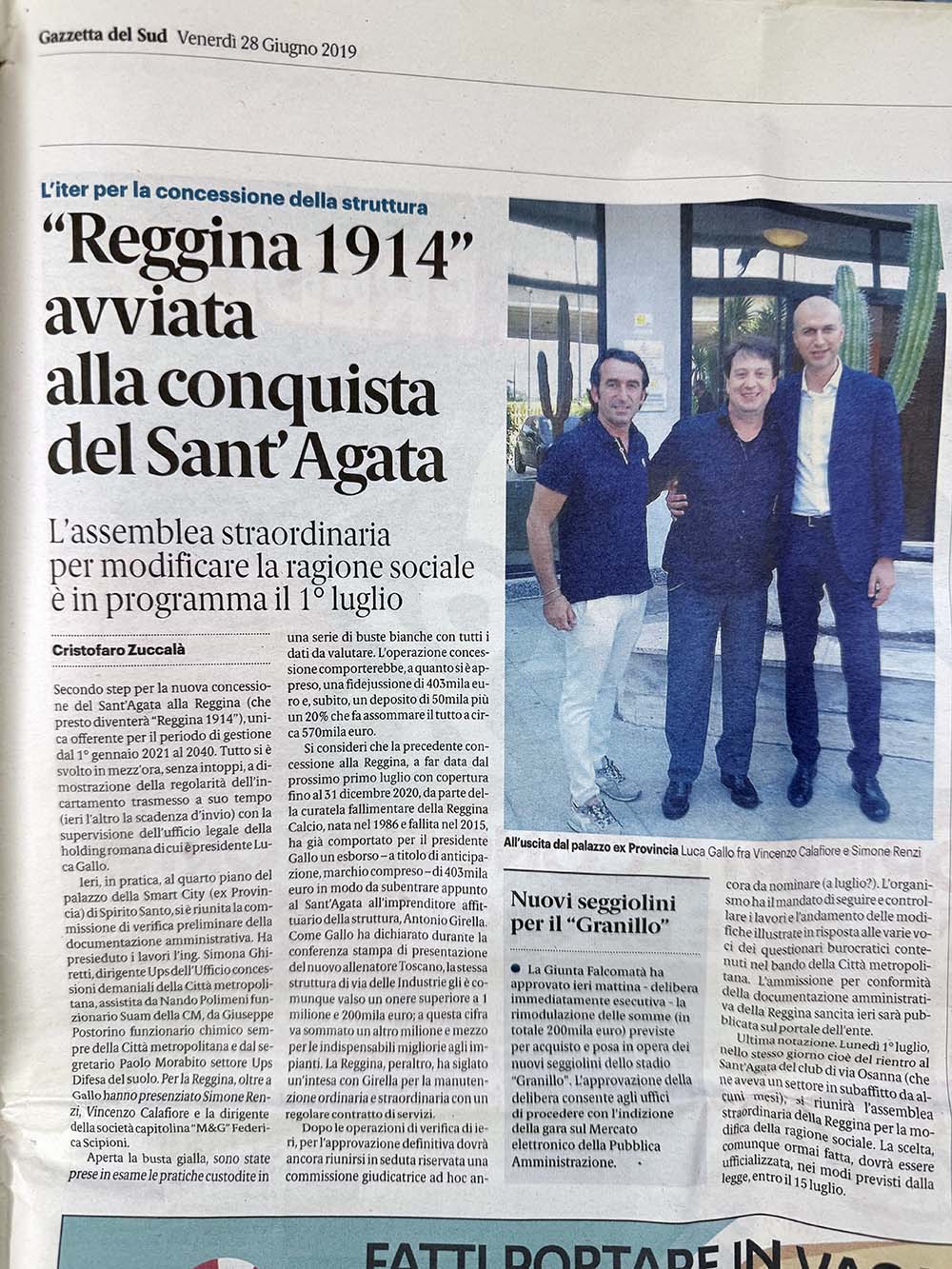 Articolo acquisizione Centro Sportivo S. Agata - Reggina 1914